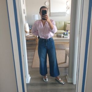 Pink Swissdot Button Down With Ruffle Collar 3/4 Sleeve Top